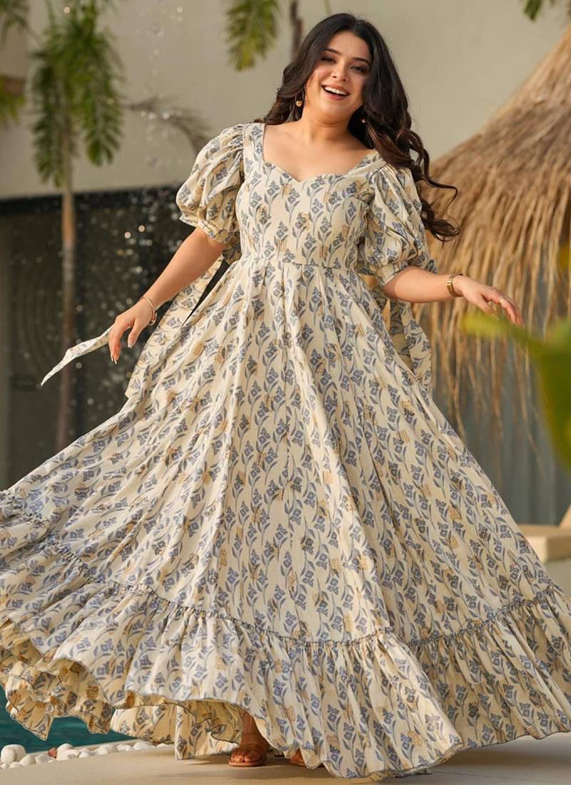 Cream with dark grey rayon printed anarkali suit