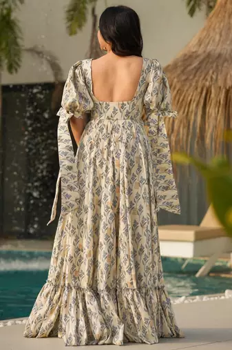 Cream with dark grey rayon printed anarkali suit
