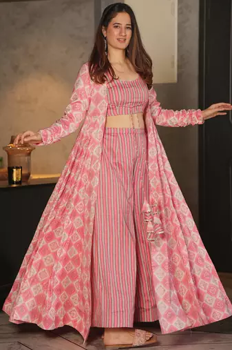 Barble pink faux georgette koti style western suit