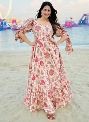 Peach beige rayon printed anarkali suit 1