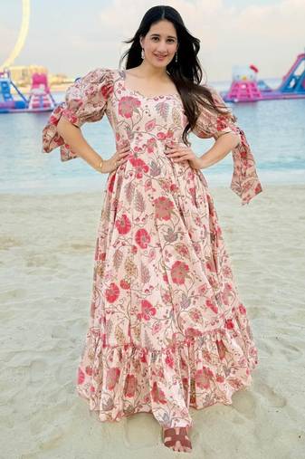 Peach beige rayon printed anarkali suit