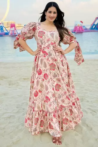 Peach beige rayon printed anarkali suit