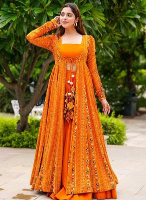 Bright orange faux georgette koti style western suit 1