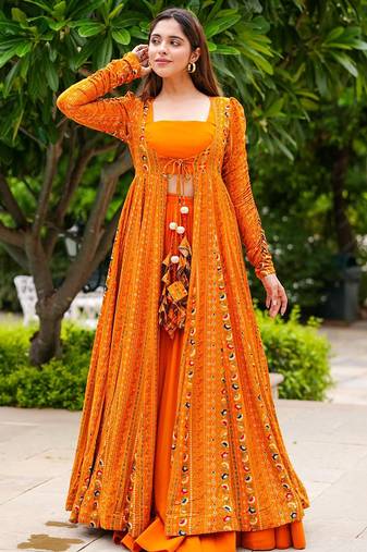 Bright orange faux georgette koti style western suit