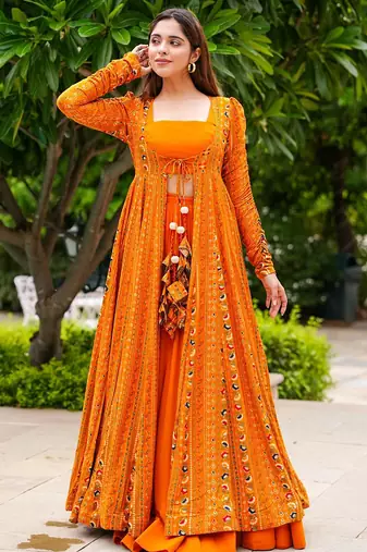 Bright orange faux georgette koti style western suit