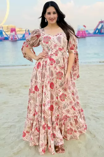 Peach beige rayon printed anarkali suit