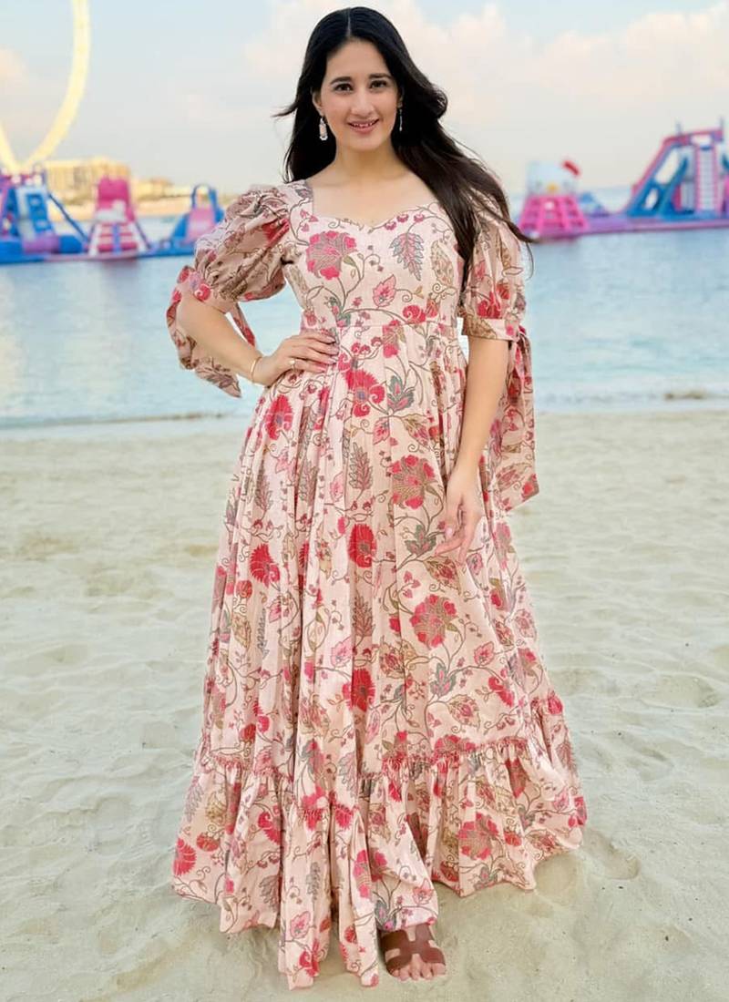Peach beige rayon printed anarkali suit