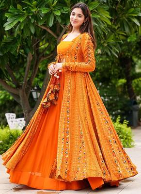 Bright orange faux georgette koti style western suit 2