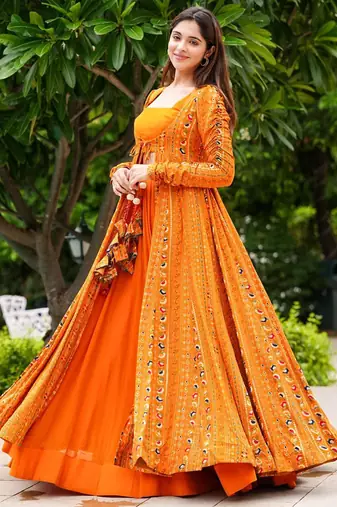 Bright orange faux georgette koti style western suit