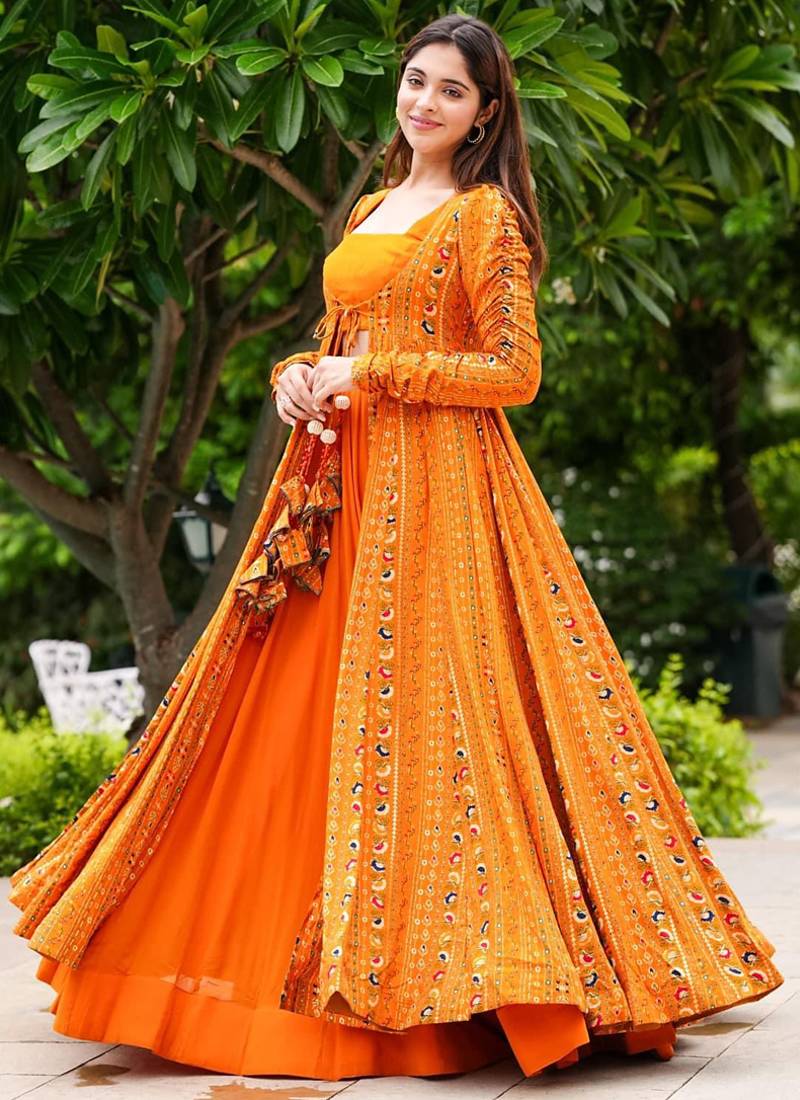 Bright orange faux georgette koti style western suit