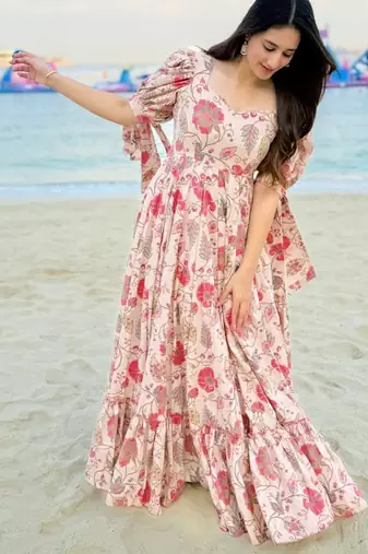 Peach beige rayon printed anarkali suit