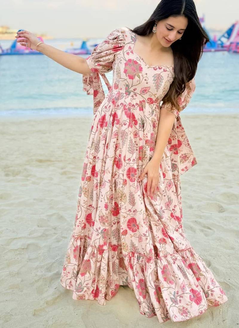 Peach beige rayon printed anarkali suit
