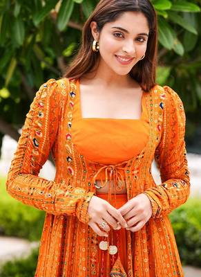 Bright orange faux georgette koti style western suit 3
