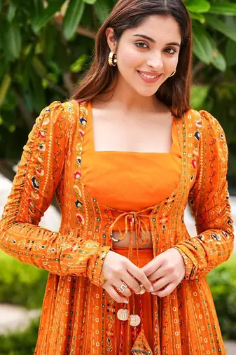 Bright orange faux georgette koti style western suit