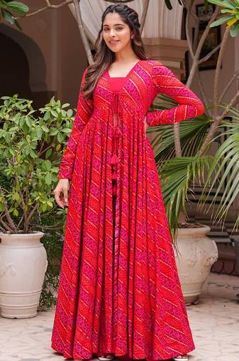 Cherry pink faux georgette koti style indo western suit