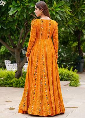 Bright orange faux georgette koti style western suit 4