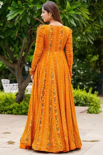 Bright orange faux georgette koti style western suit