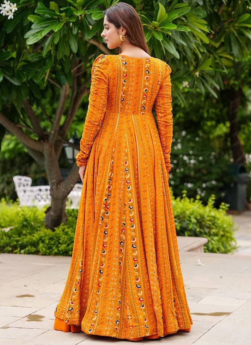 Bright orange faux georgette koti style western suit