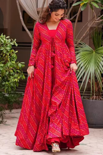 Cherry pink faux georgette koti style indo western suit