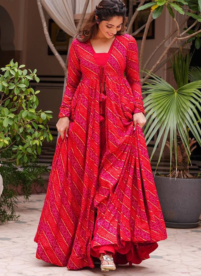 Cherry pink faux georgette koti style indo western suit