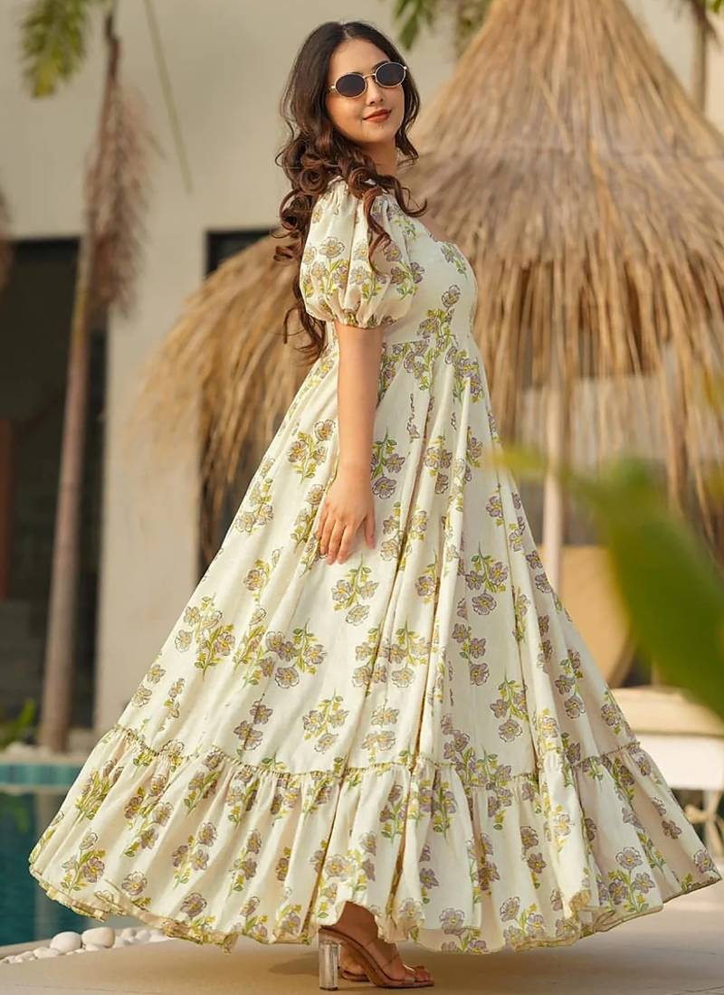 Pastel green rayon printed anarkali suit