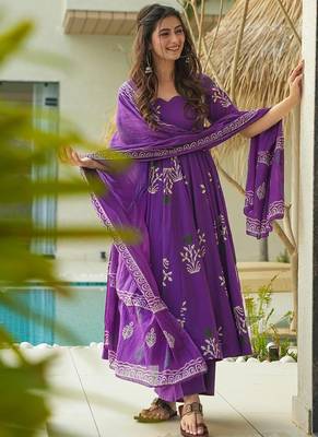 Royal purple  floral print anrkali suit 1