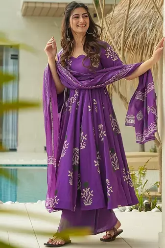 Royal purple  floral print anrkali suit