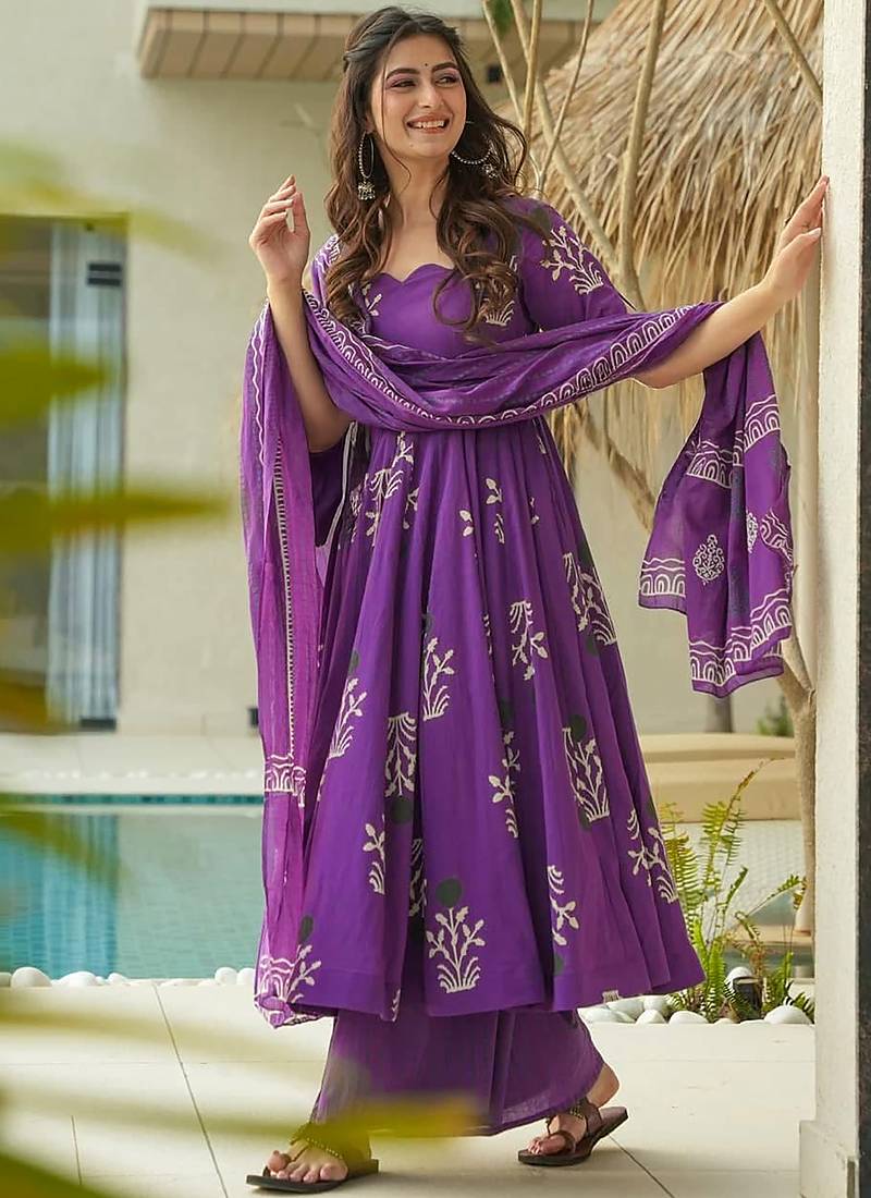 Royal purple  floral print anrkali suit