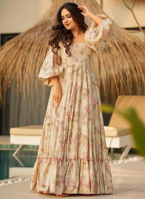 Cream with light pink  rayon printed anarkali suit 1