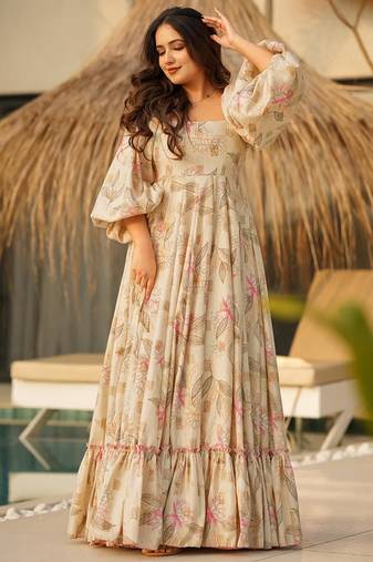 Cream with light pink  rayon printed anarkali suit