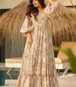 Cream with light pink  rayon printed anarkali suit