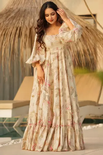 Cream with light pink  rayon printed anarkali suit