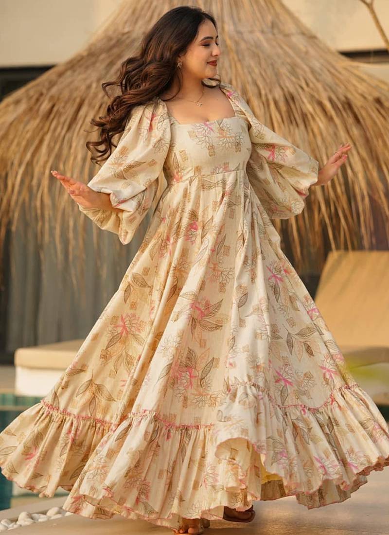 Cream with light pink  rayon printed anarkali suit