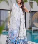 off white with  sky blue rayon printed anarkali suit