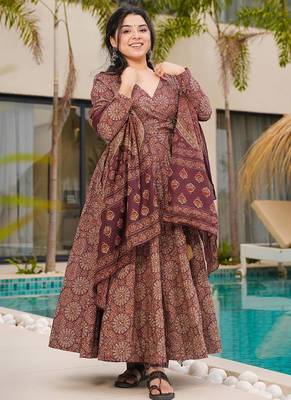 Rust floral print cotton anarkali suit 1