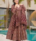 Rust floral print cotton anarkali suit