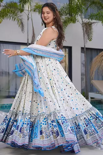 off white with  sky blue rayon printed anarkali suit