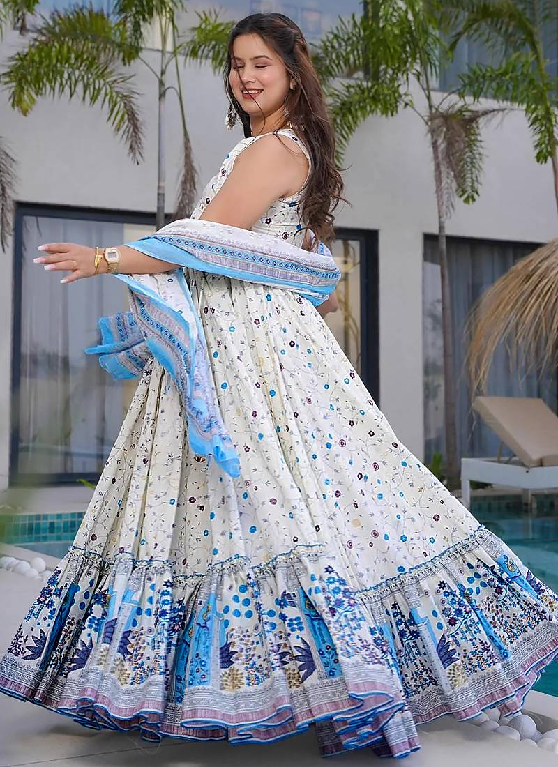 off white with  sky blue rayon printed anarkali suit