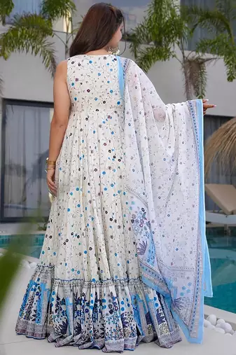 off white with  sky blue rayon printed anarkali suit
