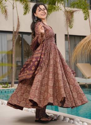 Rust floral print cotton anarkali suit 2