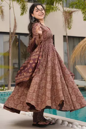 Rust floral print cotton anarkali suit