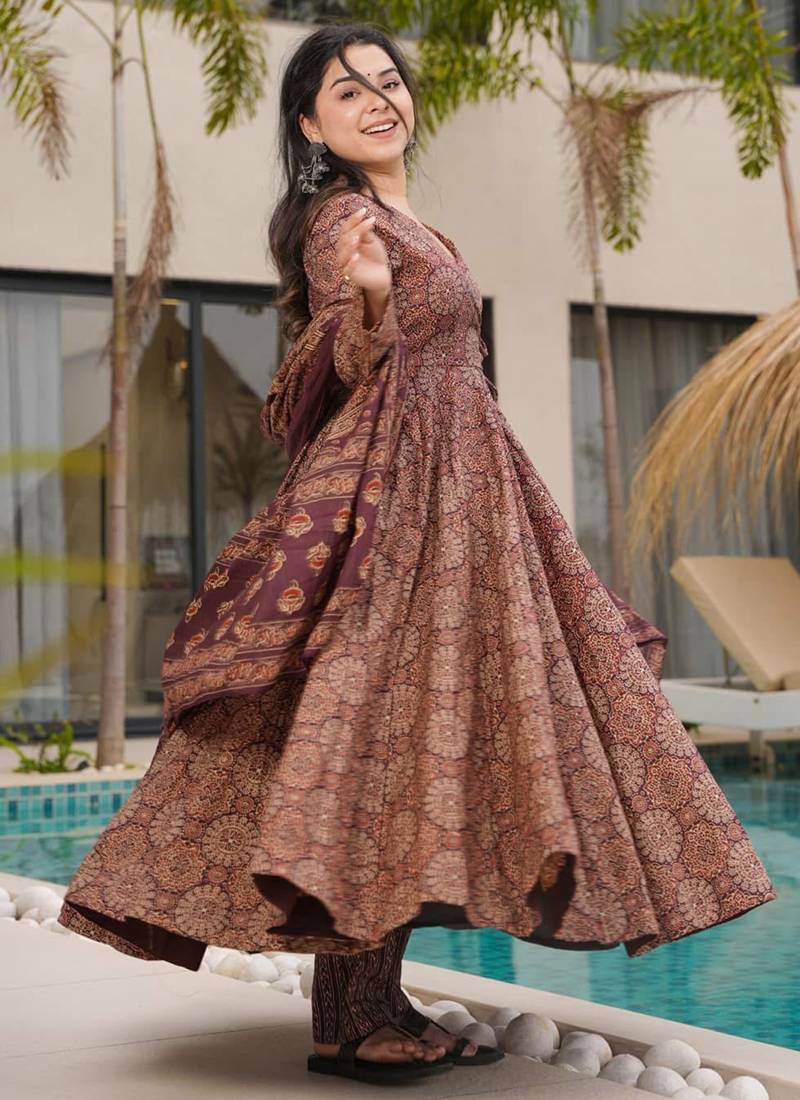 Rust floral print cotton anarkali suit