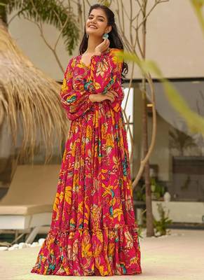 Red with floral print rayon printed anarkali suit 1