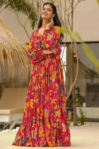 Red with floral print rayon printed anarkali suit