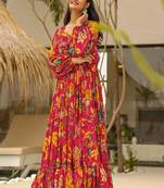 Red with floral print rayon printed anarkali suit