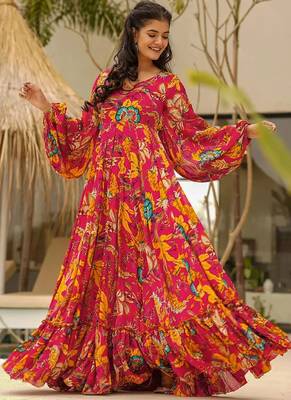 Red with floral print rayon printed anarkali suit 2
