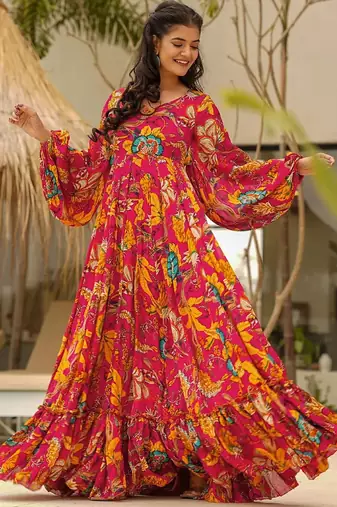 Red with floral print rayon printed anarkali suit