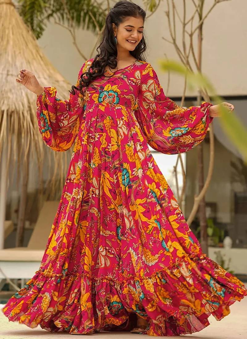 Red with floral print rayon printed anarkali suit