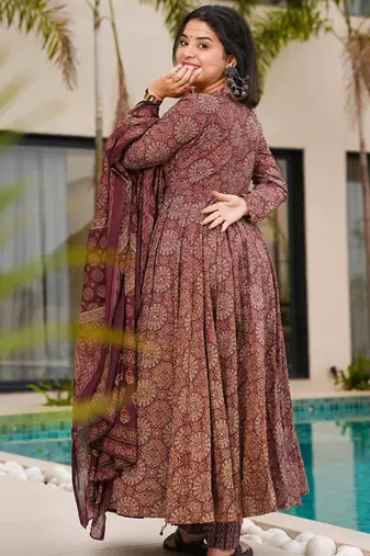 Rust floral print cotton anarkali suit