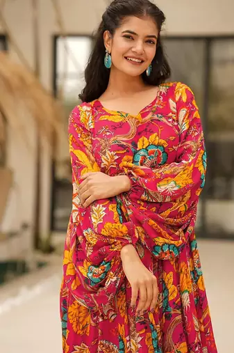 Red with floral print rayon printed anarkali suit